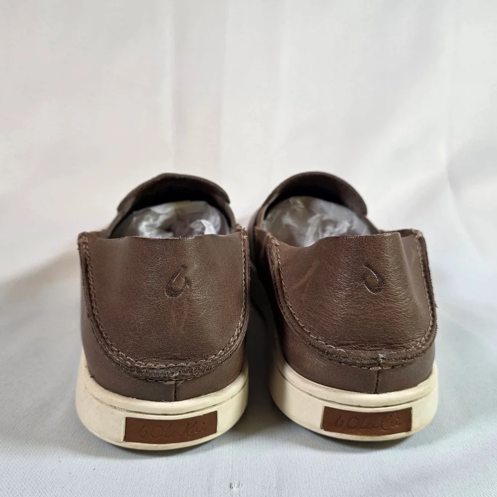 OluKai Pehuea Womens 8.5 Leather Slip On Sneakers Fox Brown Coastal Everyday